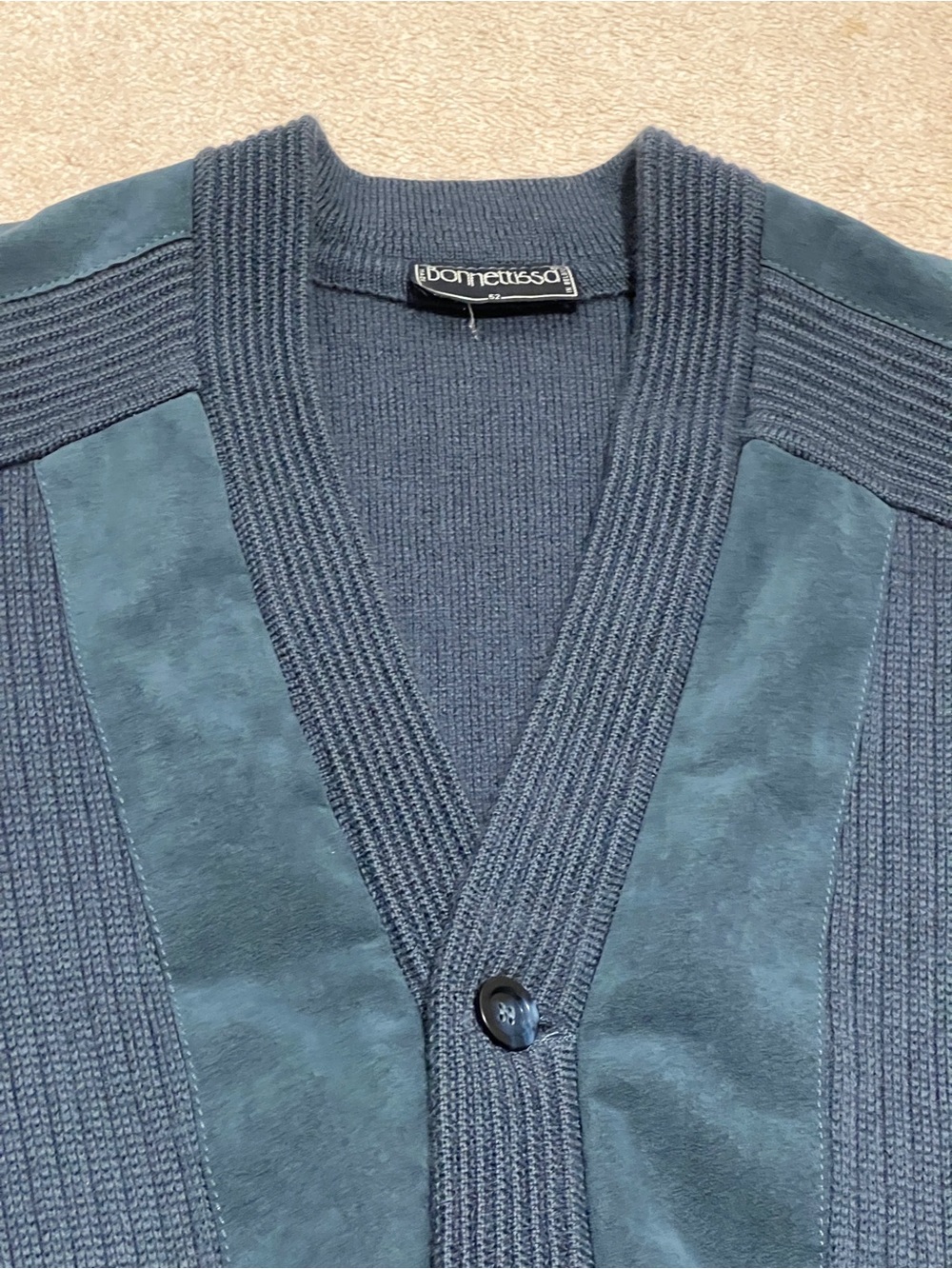 Vintage Bonnettissa Belgium Pure New Wool Suede-Front Cardigan - Size 52 (US L)
